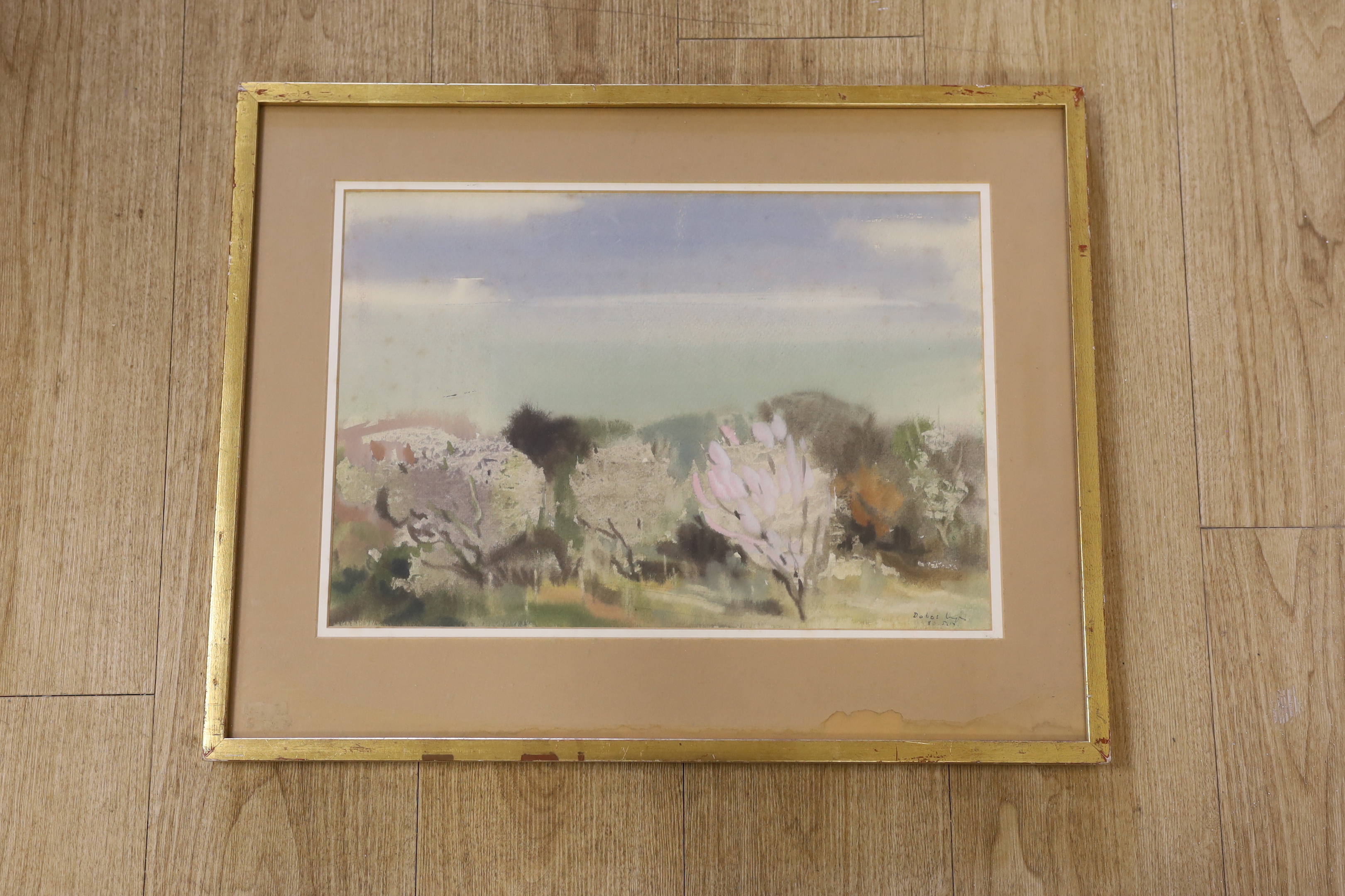 Lajos Dobos (Hungarian, 1921-2012), watercolour, 'Blossoms at Balaston', signed and inscribed verso, 31 x 45cm